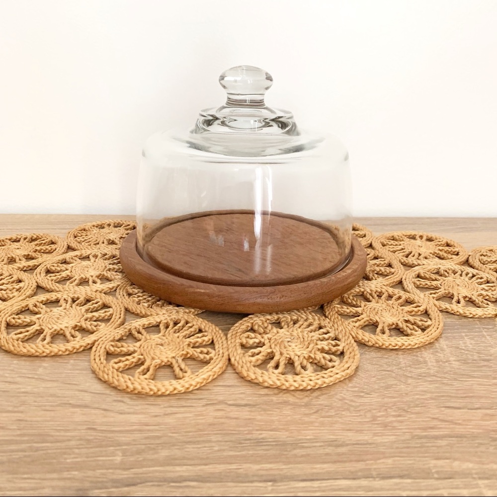 Vintage Teak Wood Glass Dome Cheese Dessert Plate